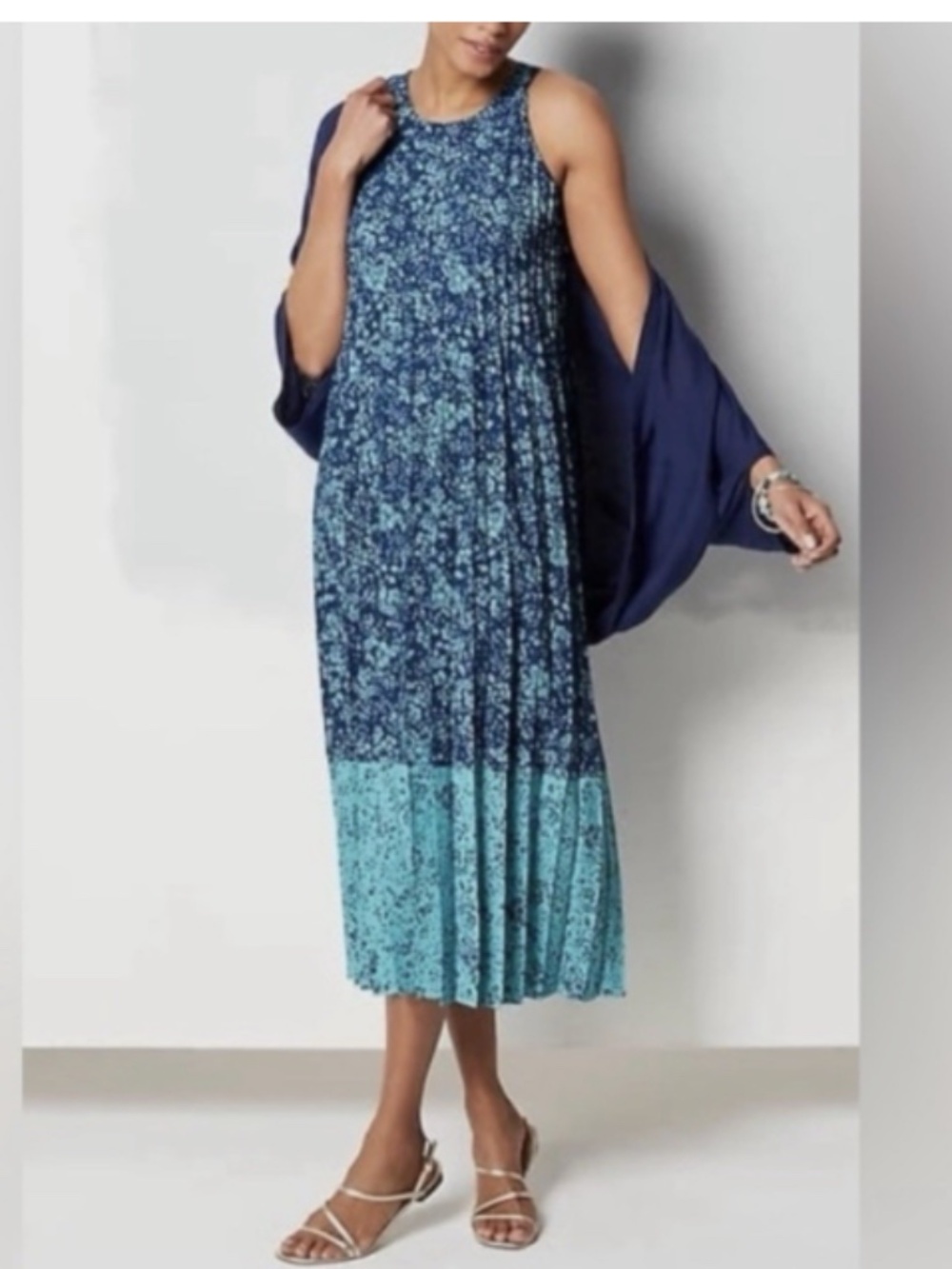 J. Jill Floral Pleated Sleeveless Halter Neck Midi Dress Blue Size S - EUC
